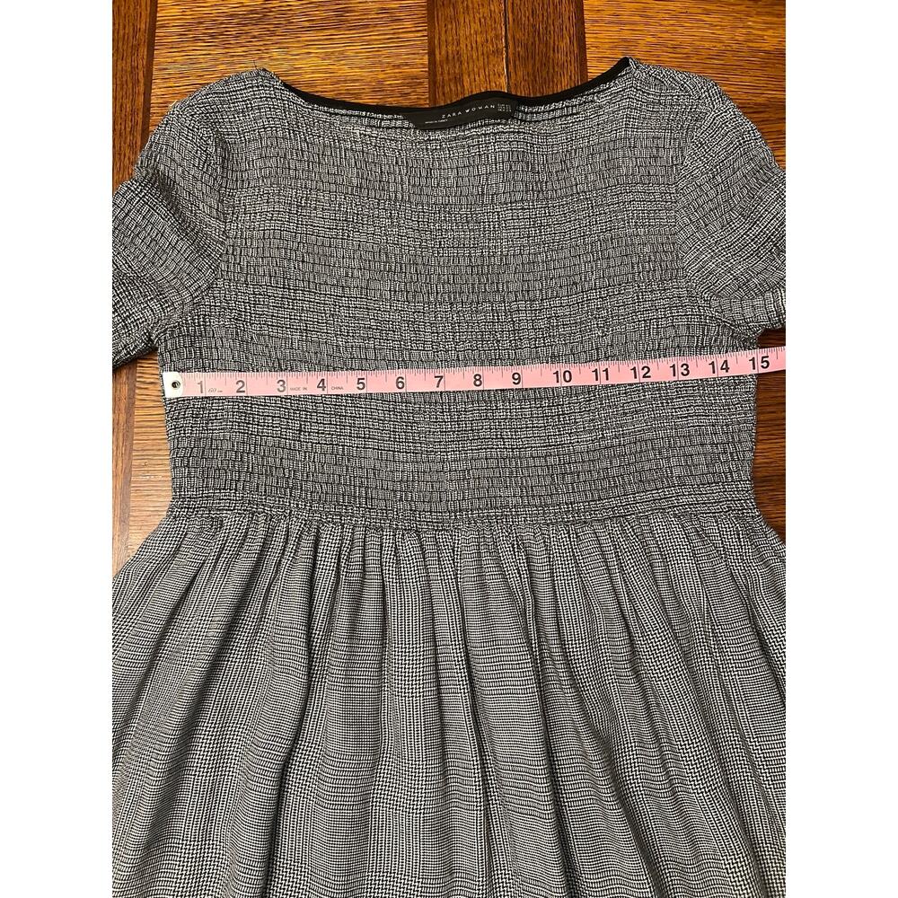 Zara Grey Smocked Plaid Babydoll Blouse Balloon Sleeve Tunic Top Houndstooth XS - Picture 11 of 12